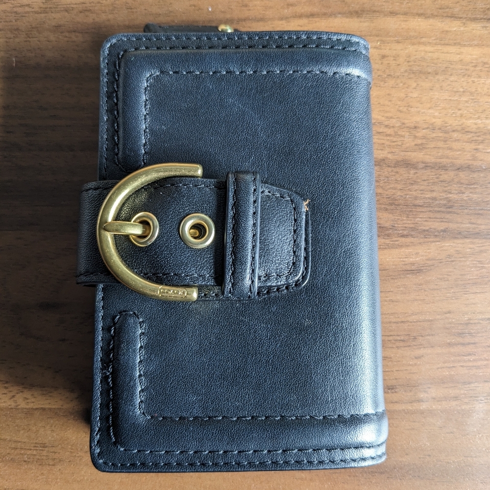 COACH | Black Leather Bifold Wallet with Gold Buckle